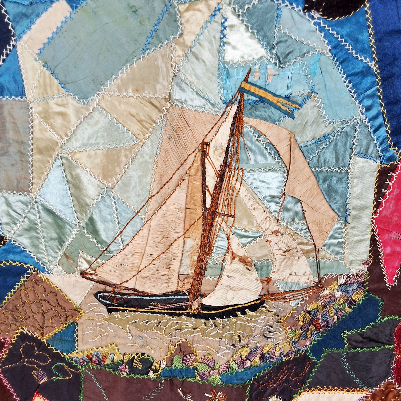 Antique 1880s Crazy Quilt with Pillow Covers - Nautical Theme