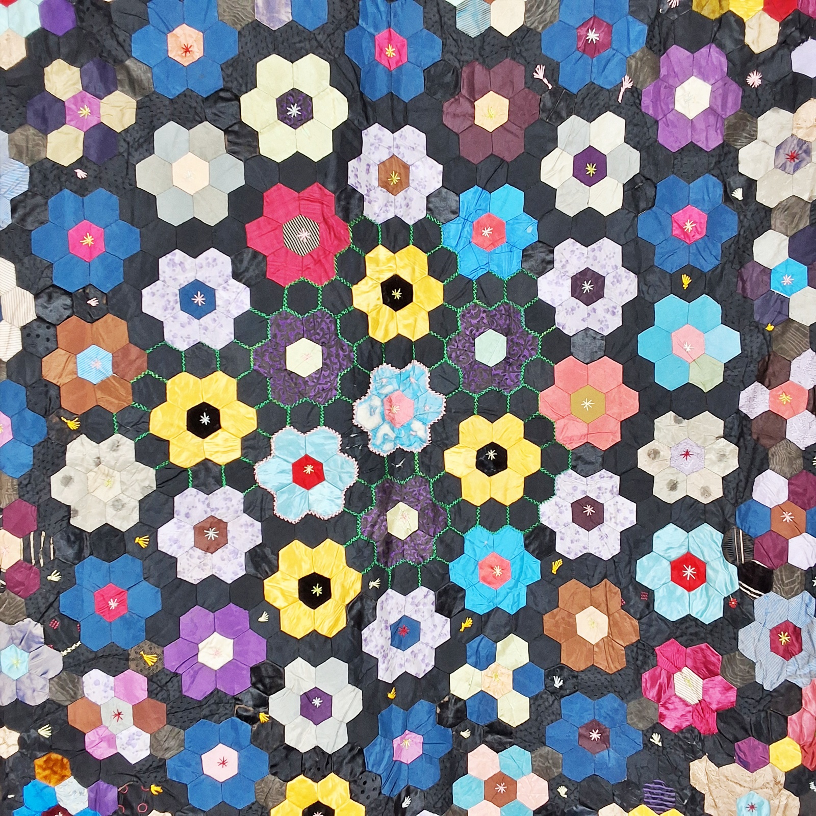 Antique c1880 Silk Hexagon Quilt