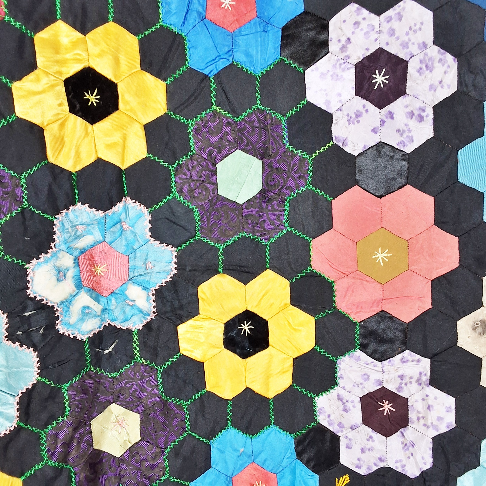 Antique c1880 Silk Hexagon Quilt