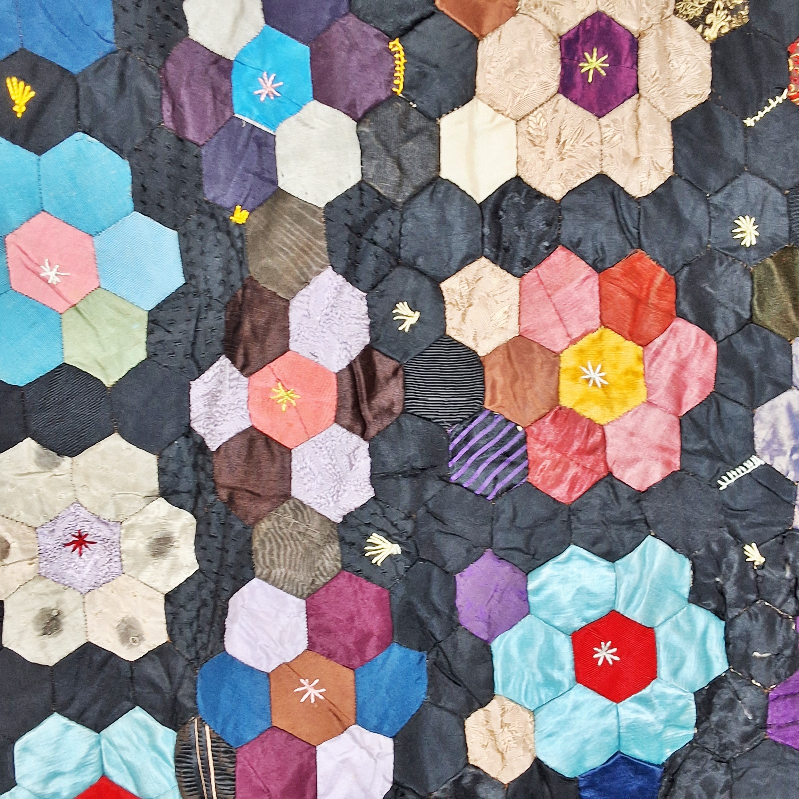 Antique c1880 Silk Hexagon Quilt