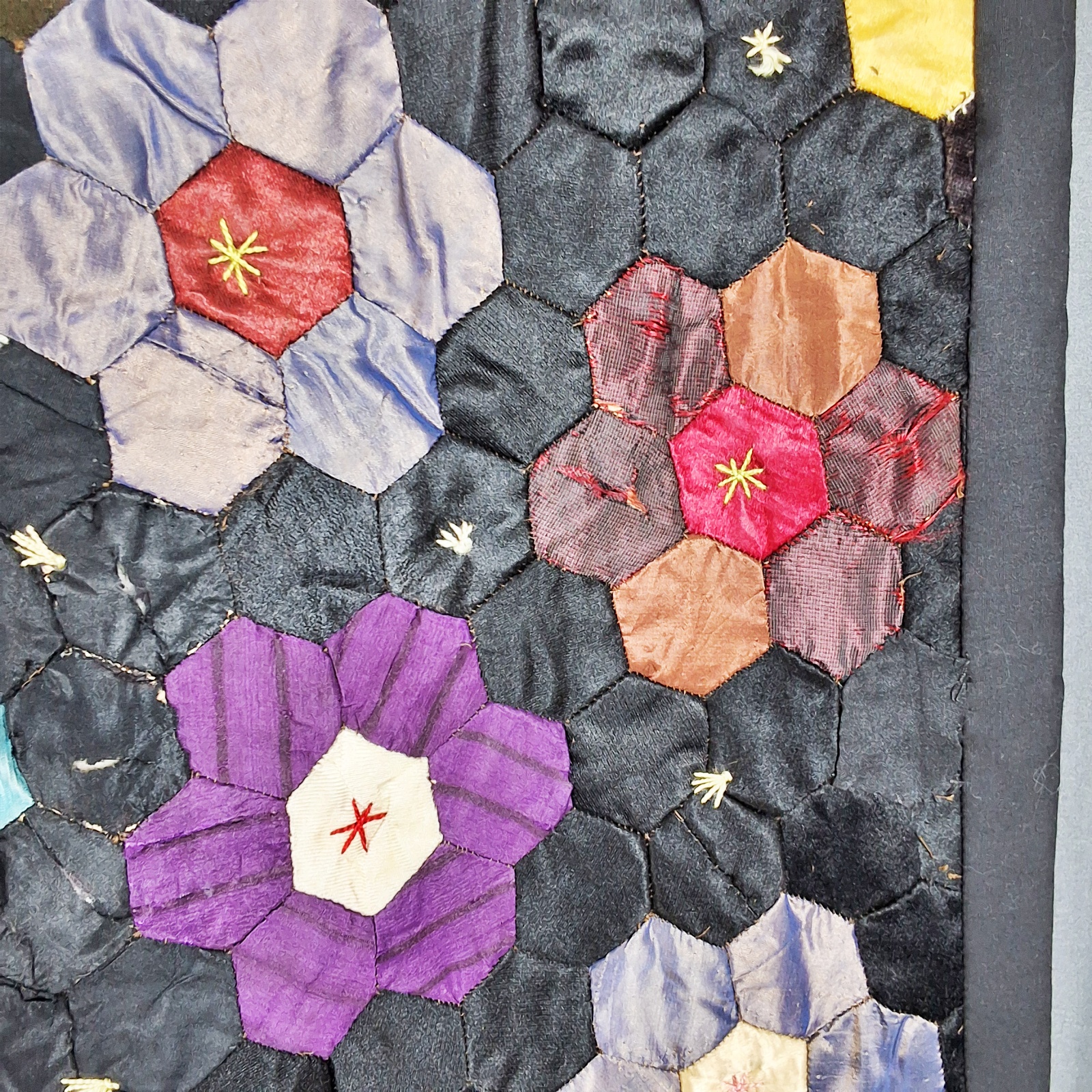 Antique c1880 Silk Hexagon Quilt