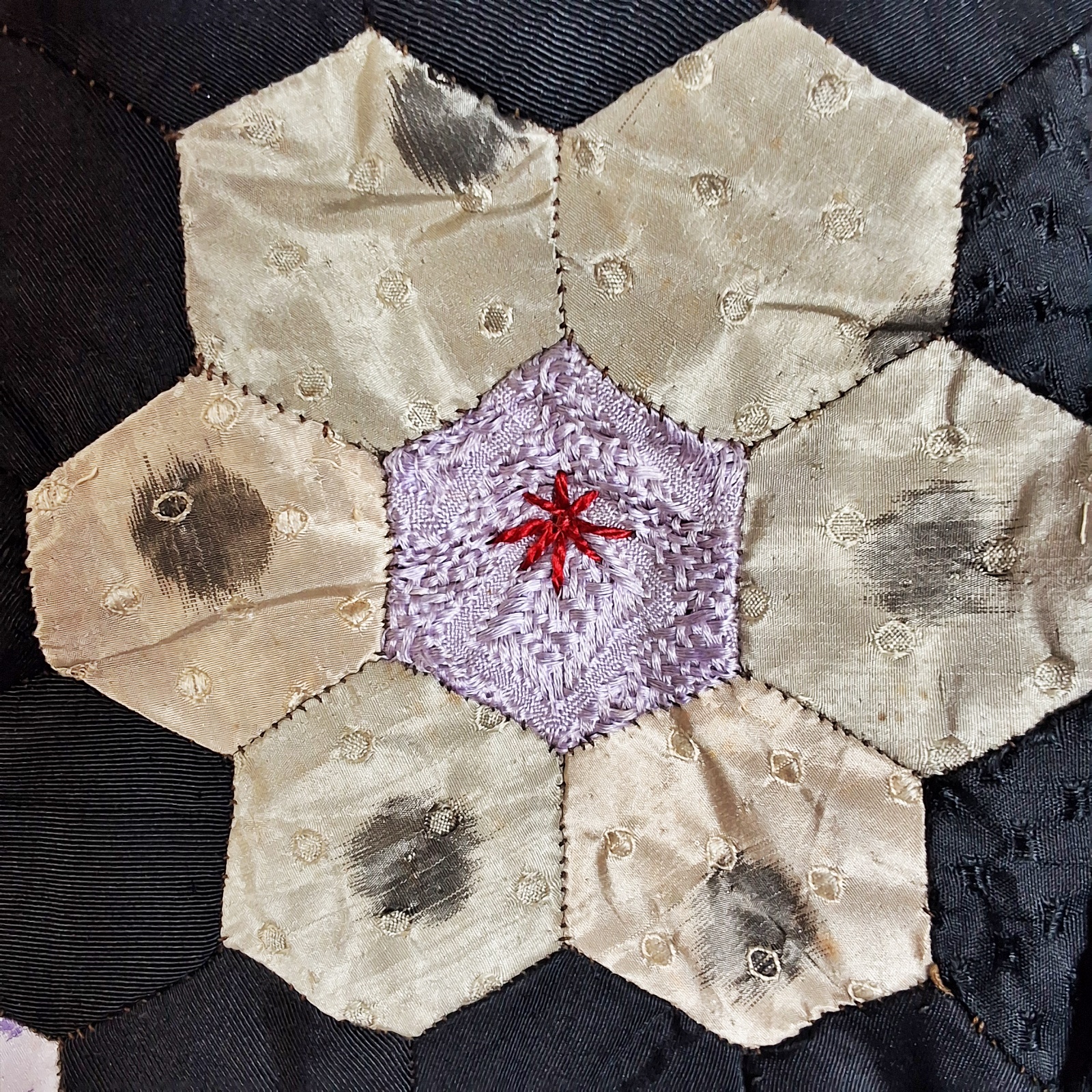 Antique c1880 Silk Hexagon Quilt