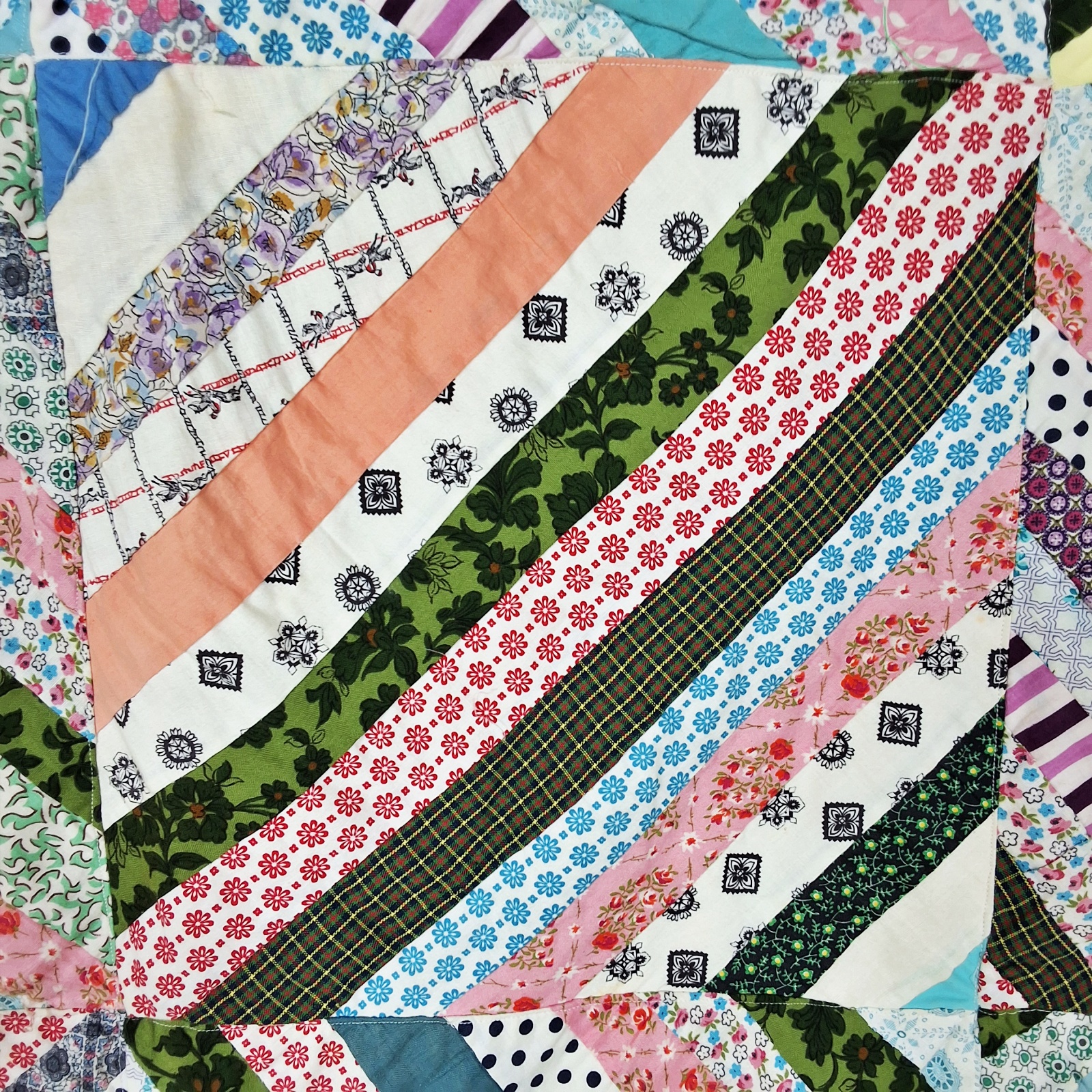 Vintage c1960 String Pieced Summer Quilt measuring 73 by 93 inches. It is comprised of 42 blocks, 11.5 by 11.5 inches, set straight, 6 by 7,