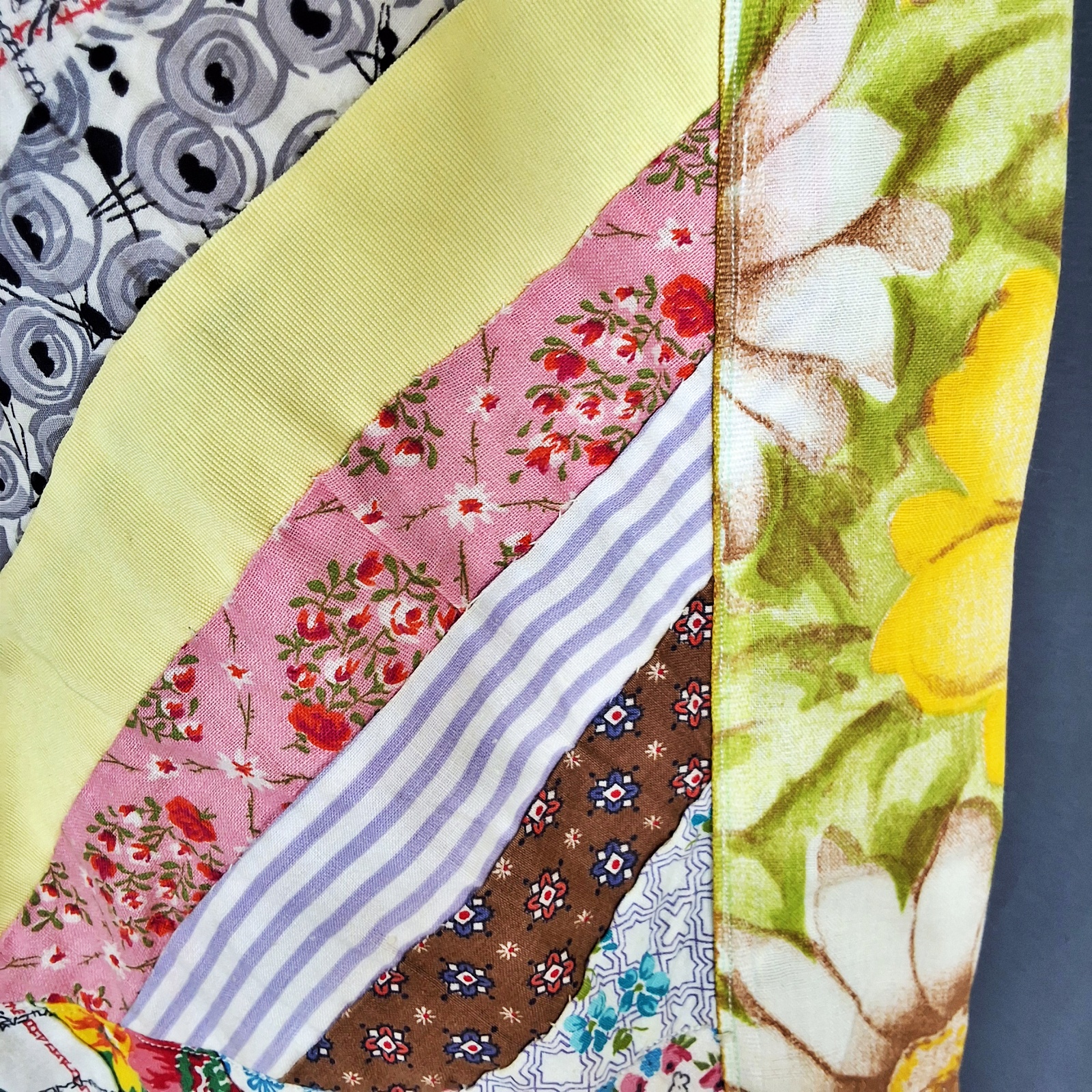 Vintage c1960 String Pieced Summer Quilt measuring 73 by 93 inches. It is comprised of 42 blocks, 11.5 by 11.5 inches, set straight, 6 by 7,