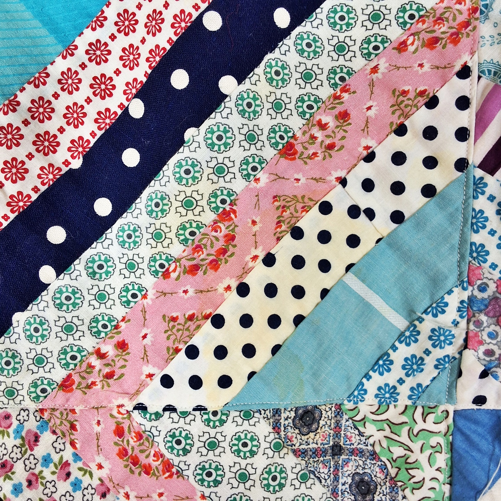 Vintage c1960 String Pieced Summer Quilt measuring 73 by 93 inches. It is comprised of 42 blocks, 11.5 by 11.5 inches, set straight, 6 by 7,