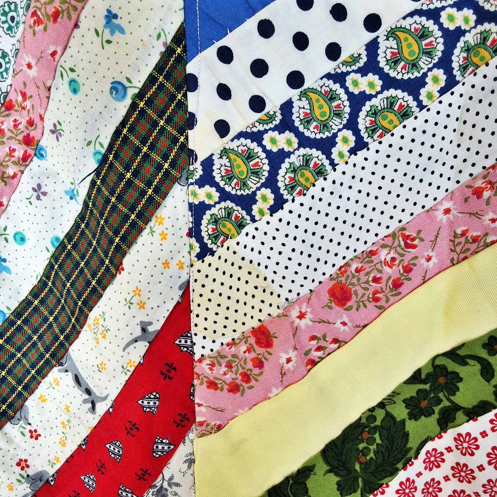 Vintage c1960 String Pieced Summer Quilt measuring 73 by 93 inches. It is comprised of 42 blocks, 11.5 by 11.5 inches, set straight, 6 by 7,