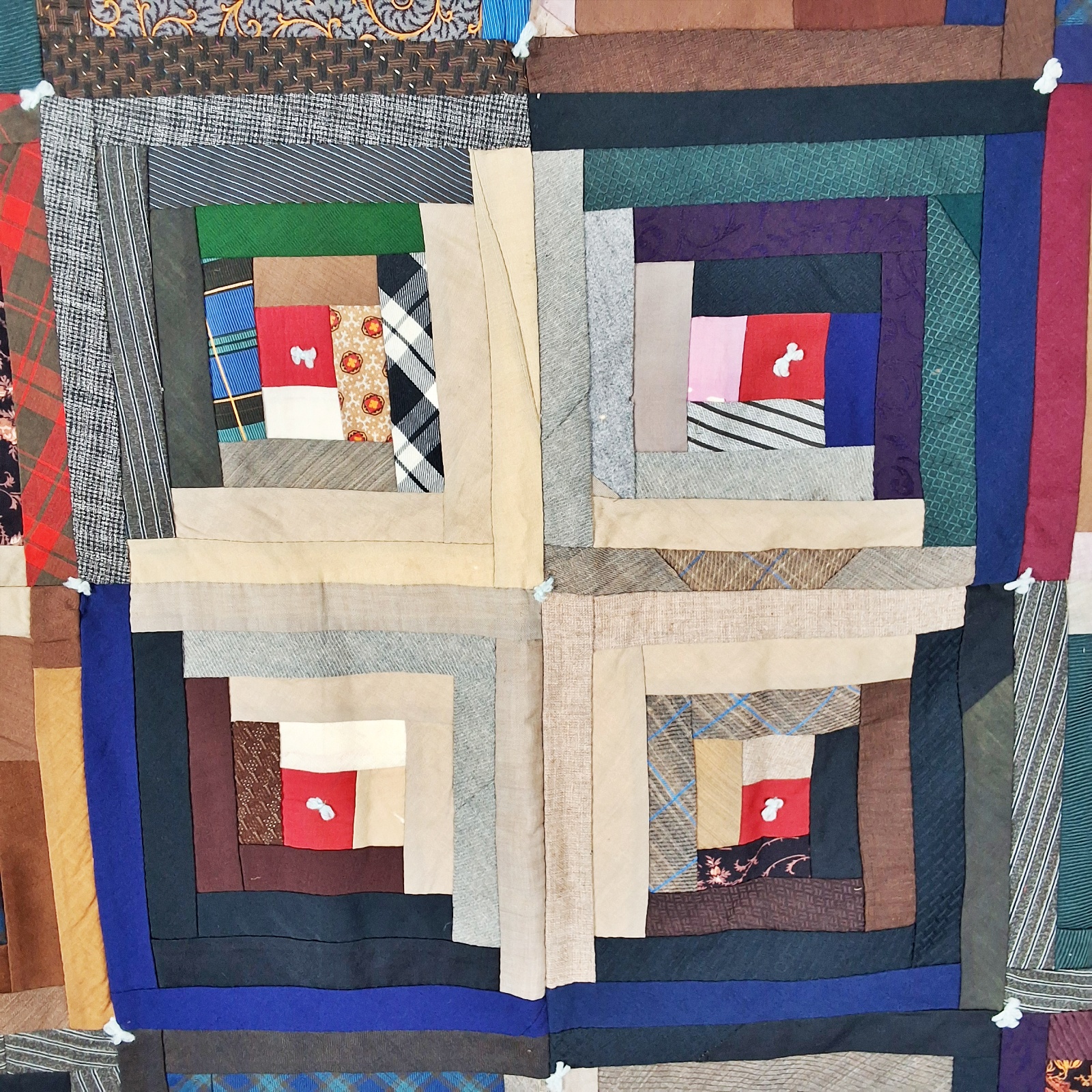 Antique c1880 Log Cabin Tied Comfort Quilt