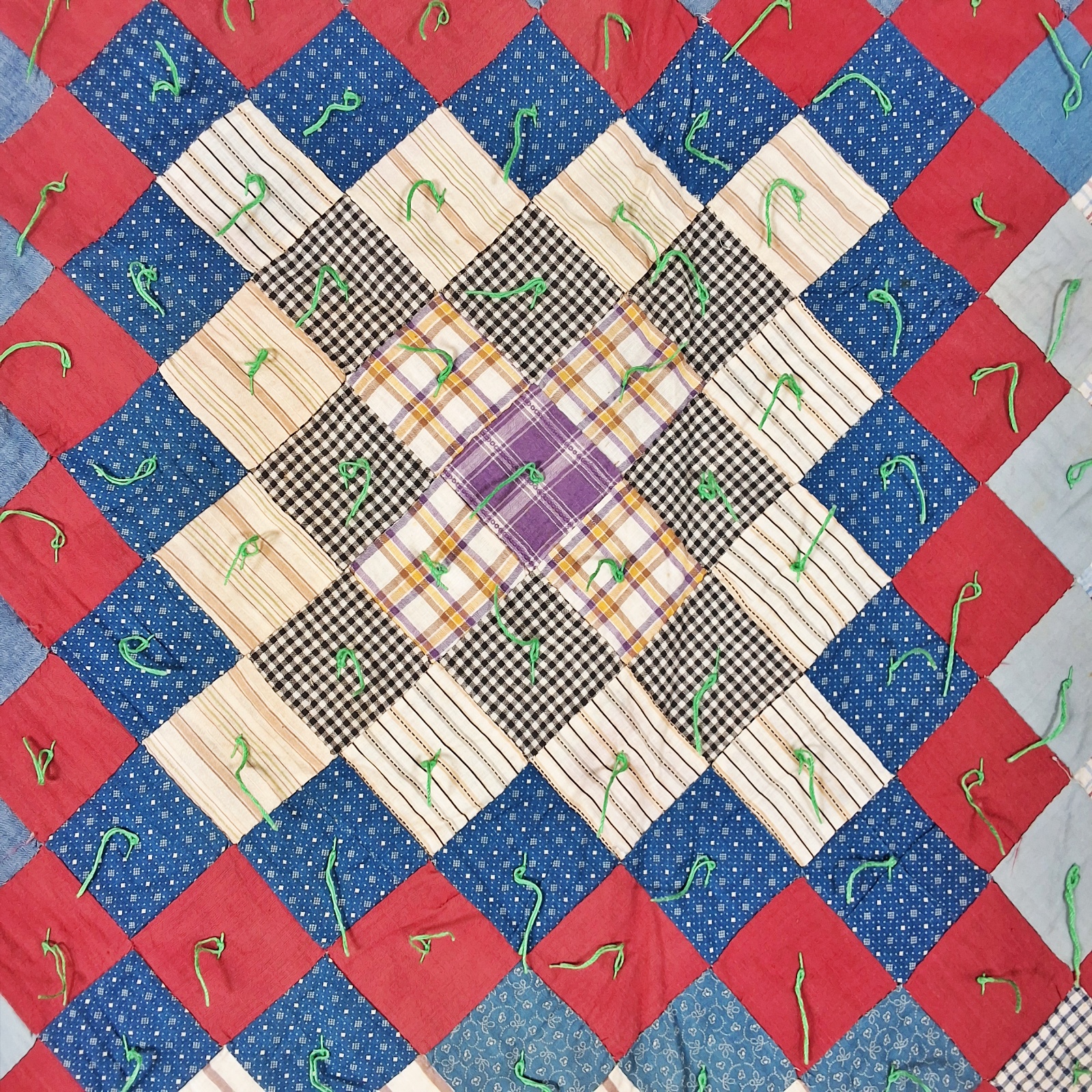 Antique c1900 Postage Stamp Tied Comfort Quilt