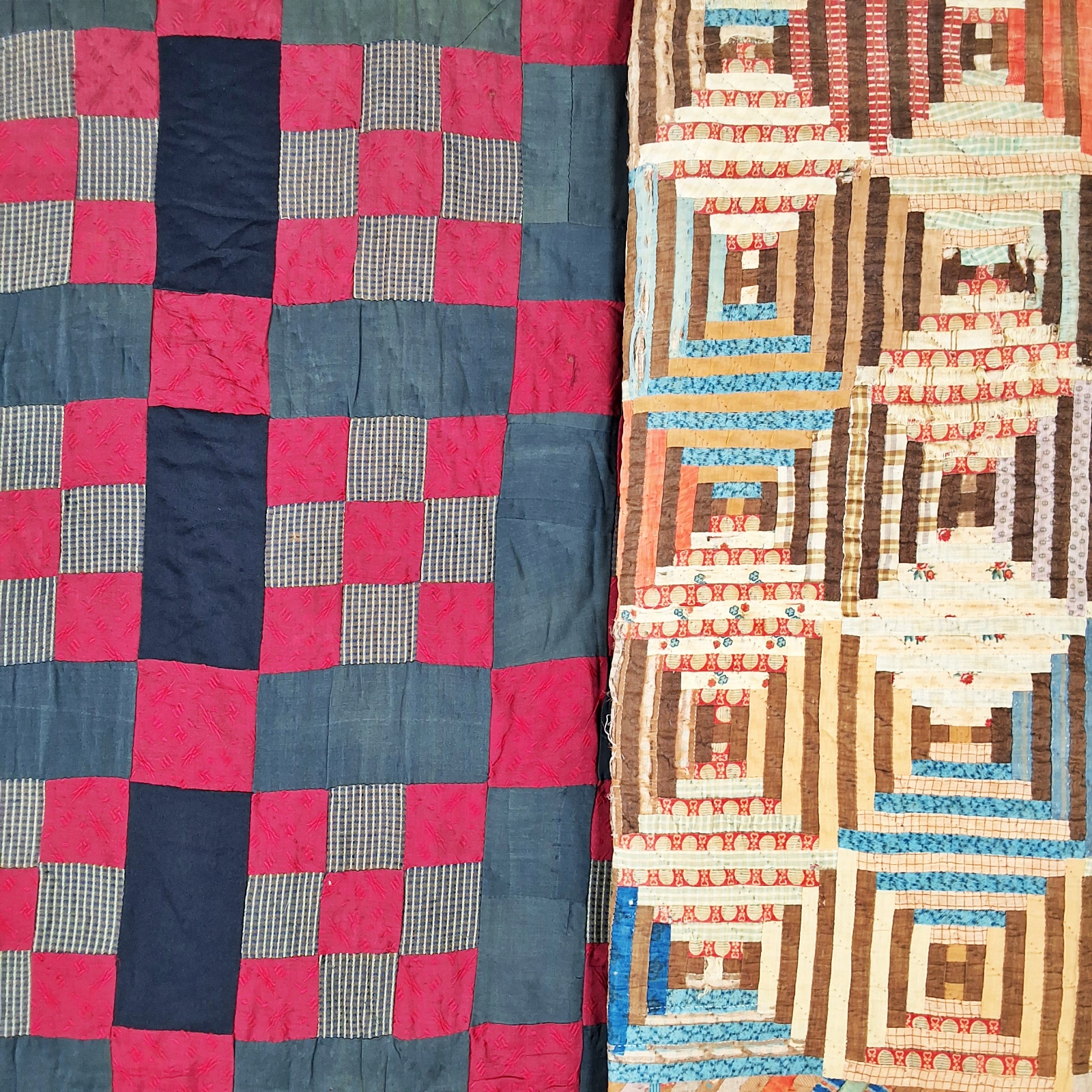 2 Antique 19th Century Quilt - 9 Patch, Courthouse Steps