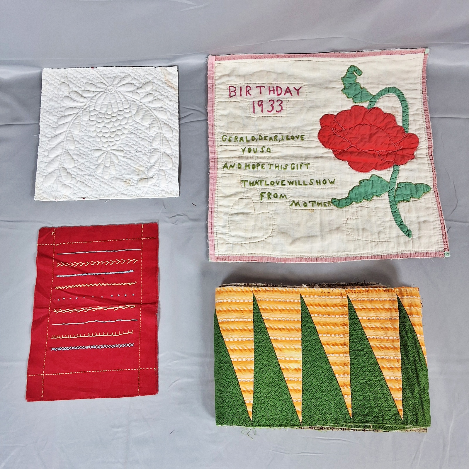 4 Antique Quilted Fragments