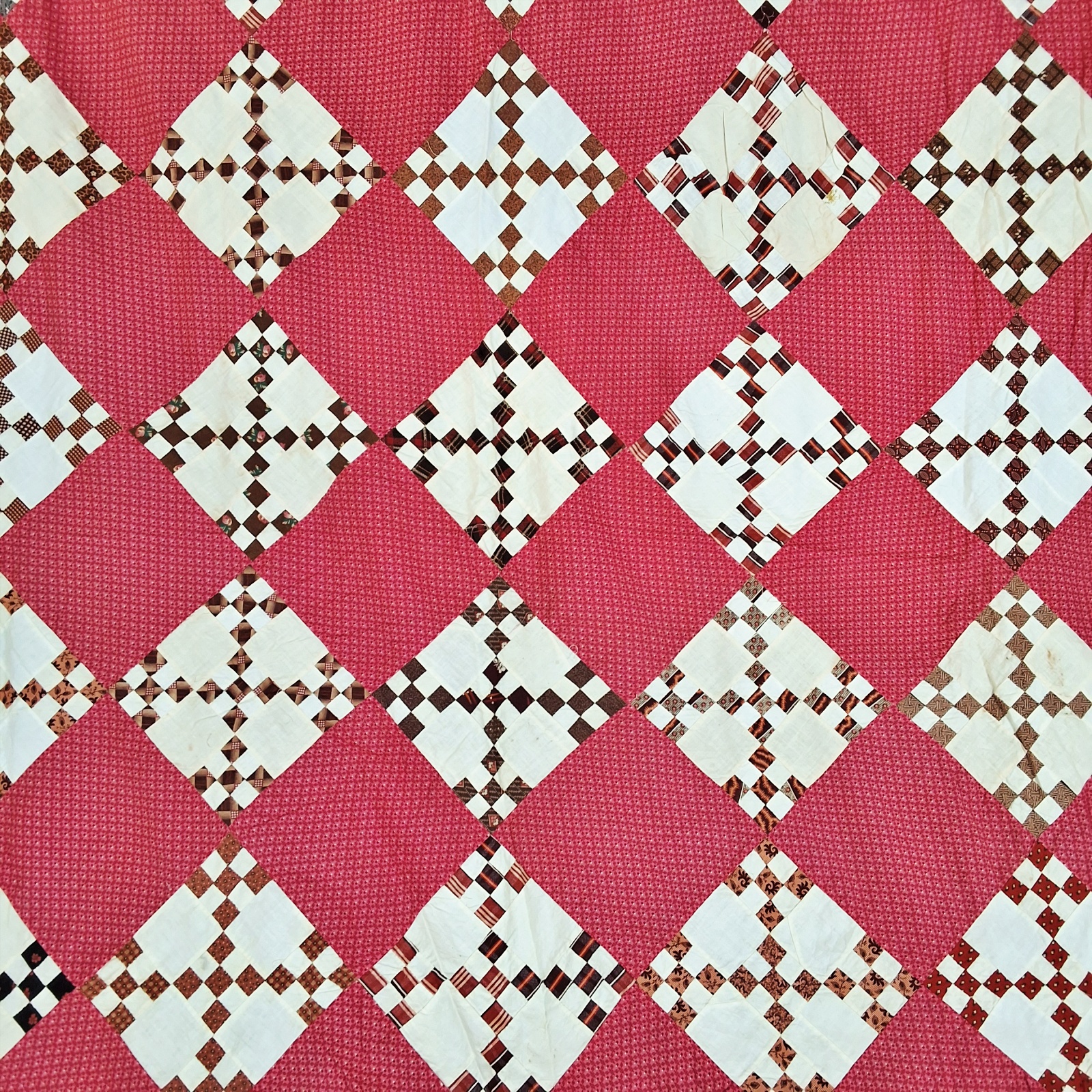Antique 1880s On Point Double 9 Patch Quilt Top