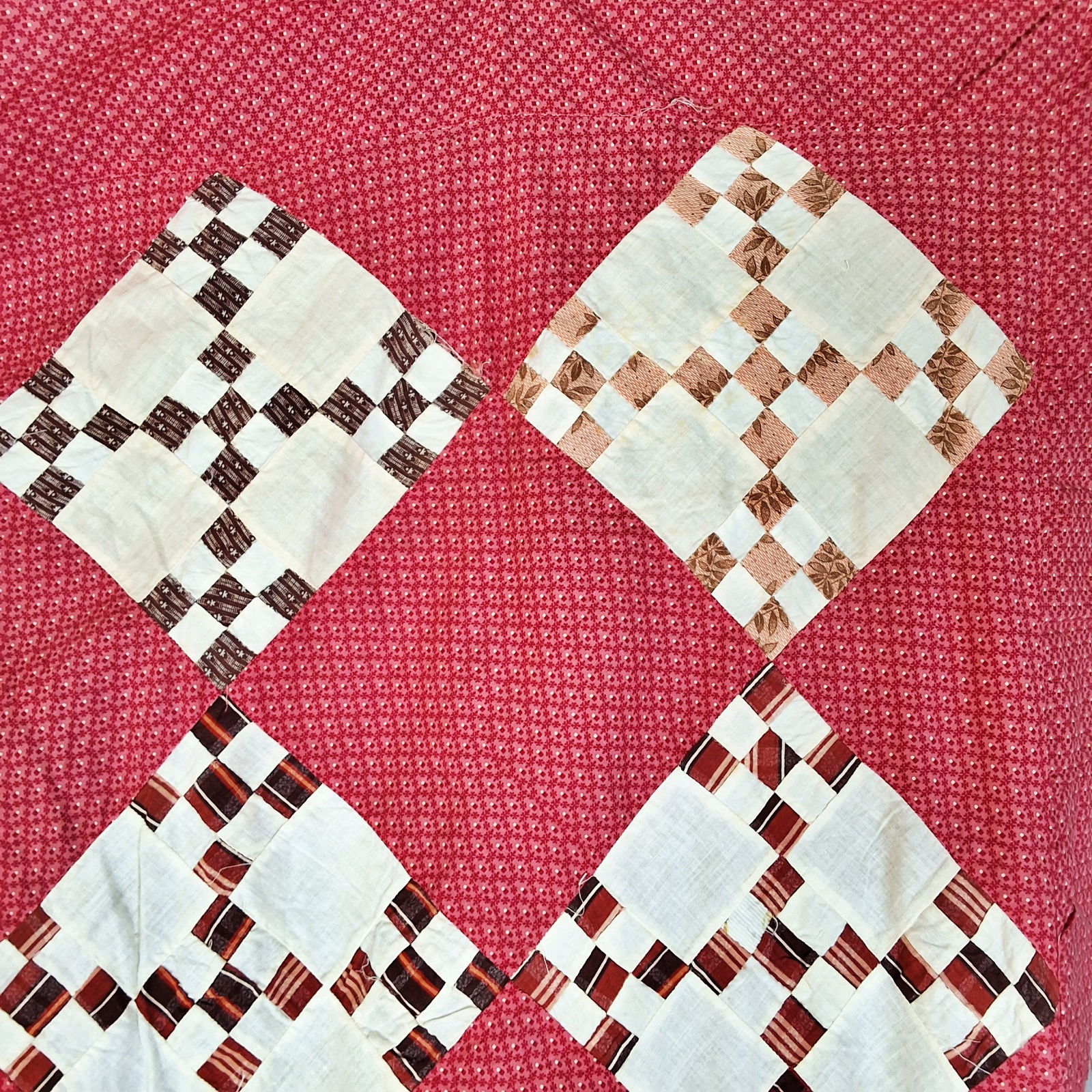 Antique 1880s On Point Double 9 Patch Quilt Top