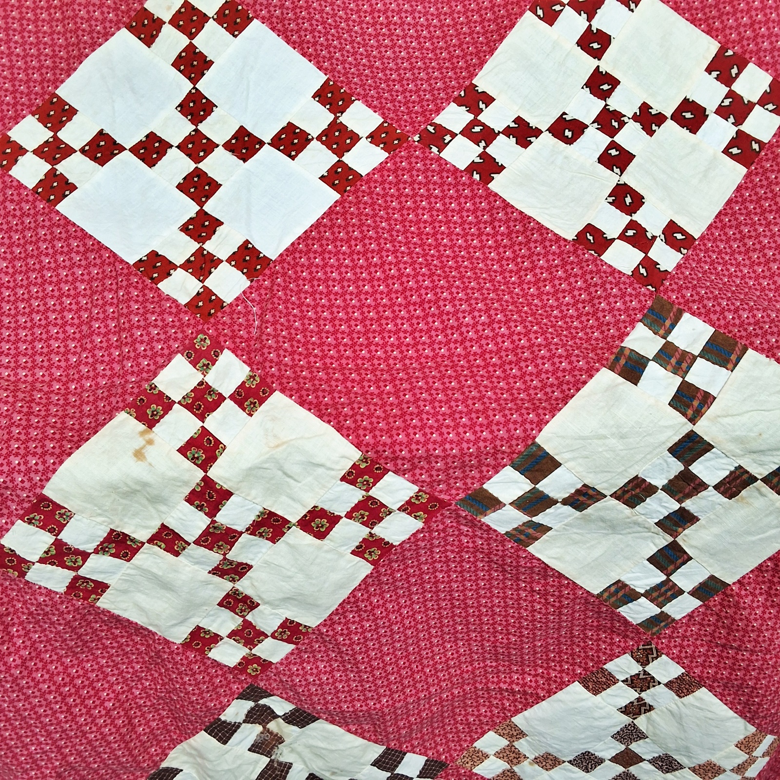Antique 1880s On Point Double 9 Patch Quilt Top