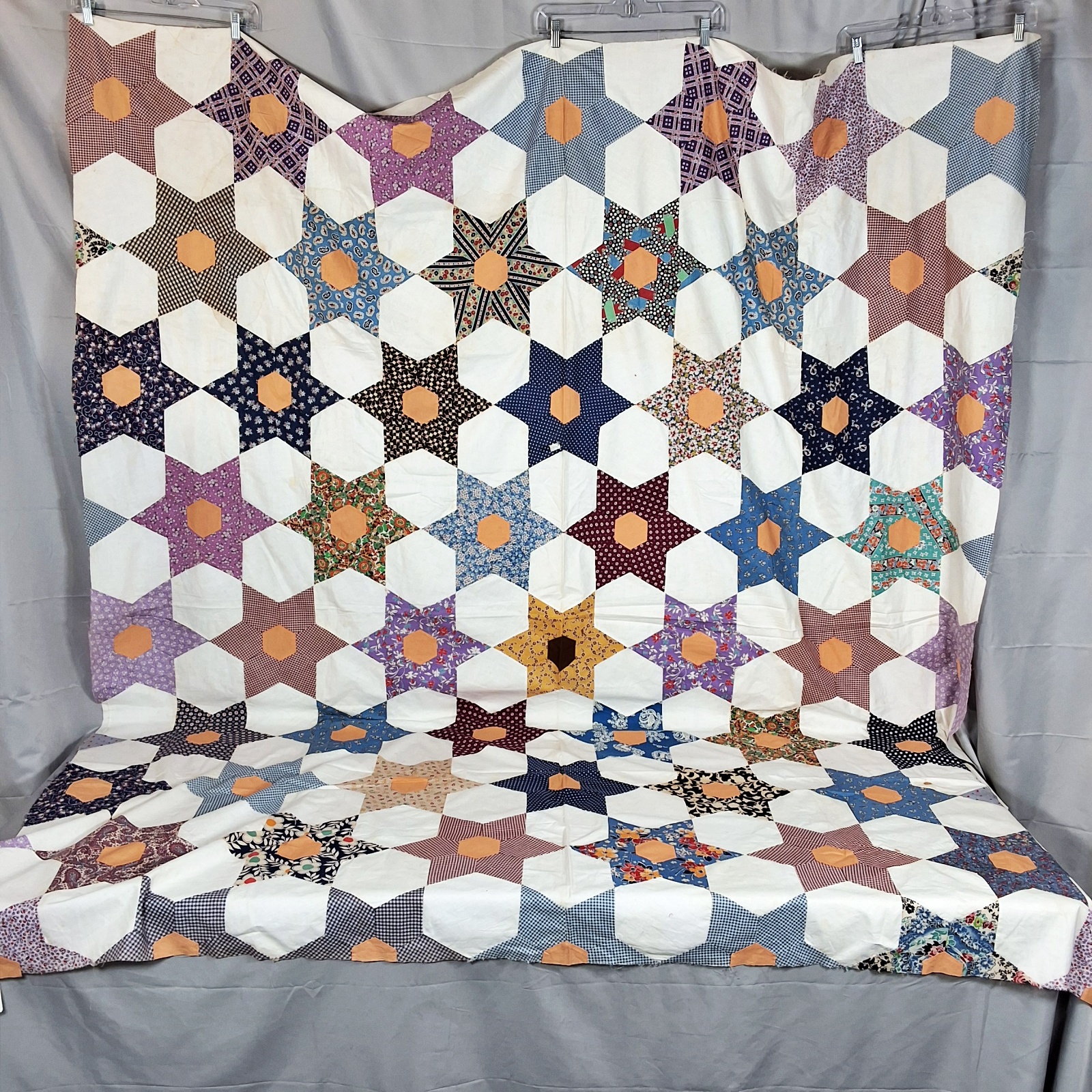 Vintage 1940s Hexagonal Star Quilt Top