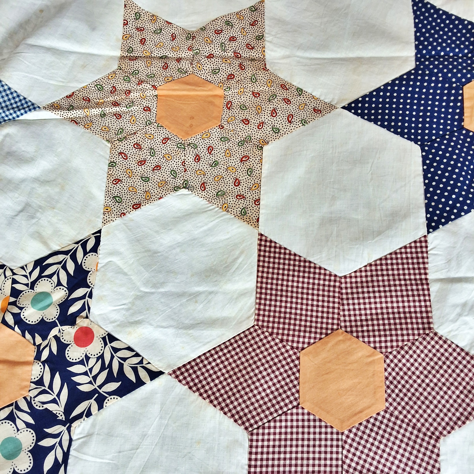 Vintage 1940s Hexagonal Star Quilt Top