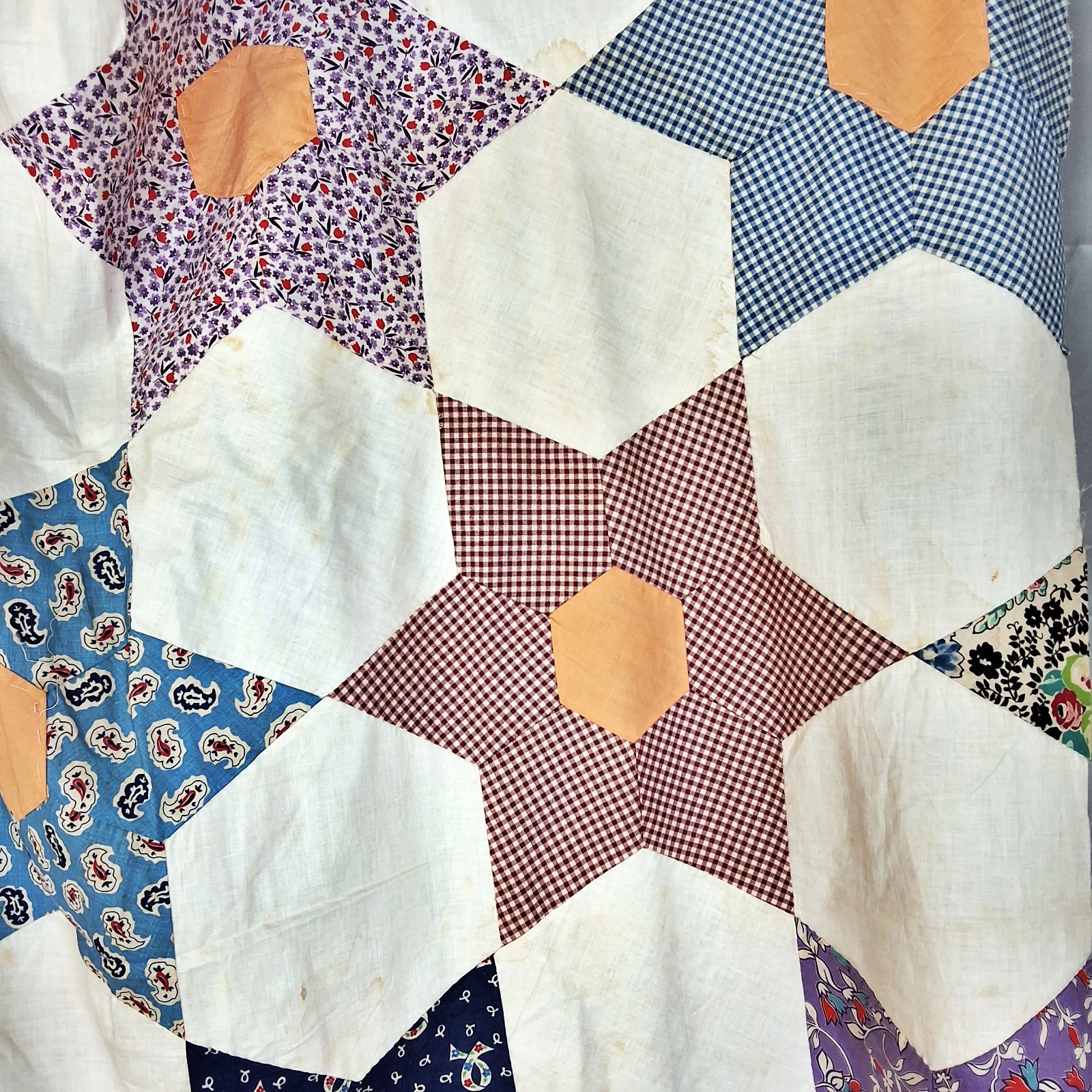 Vintage 1940s Hexagonal Star Quilt Top