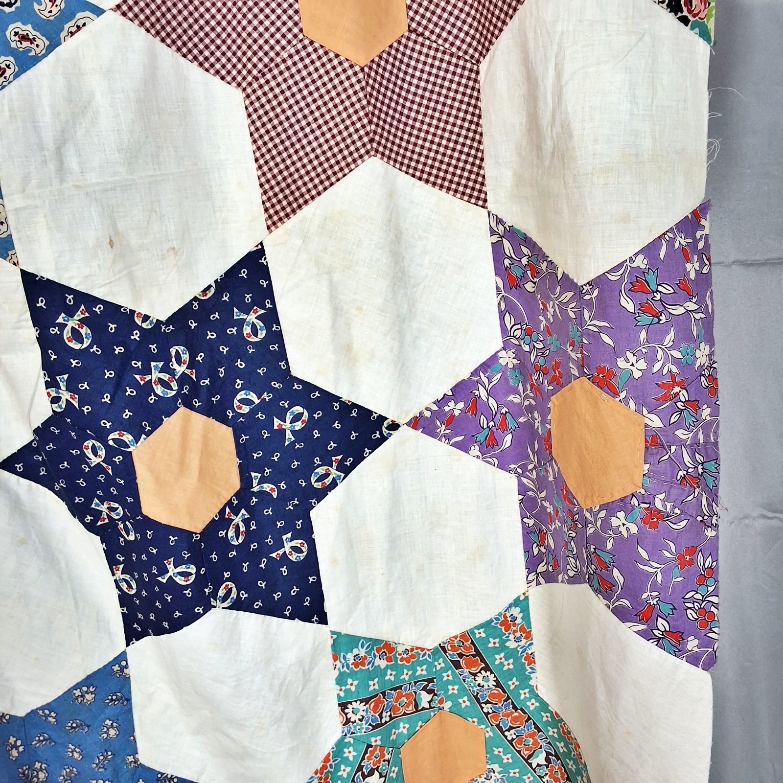 Vintage 1940s Hexagonal Star Quilt Top