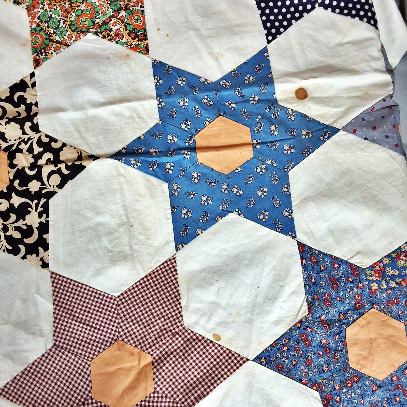 Vintage 1940s Hexagonal Star Quilt Top
