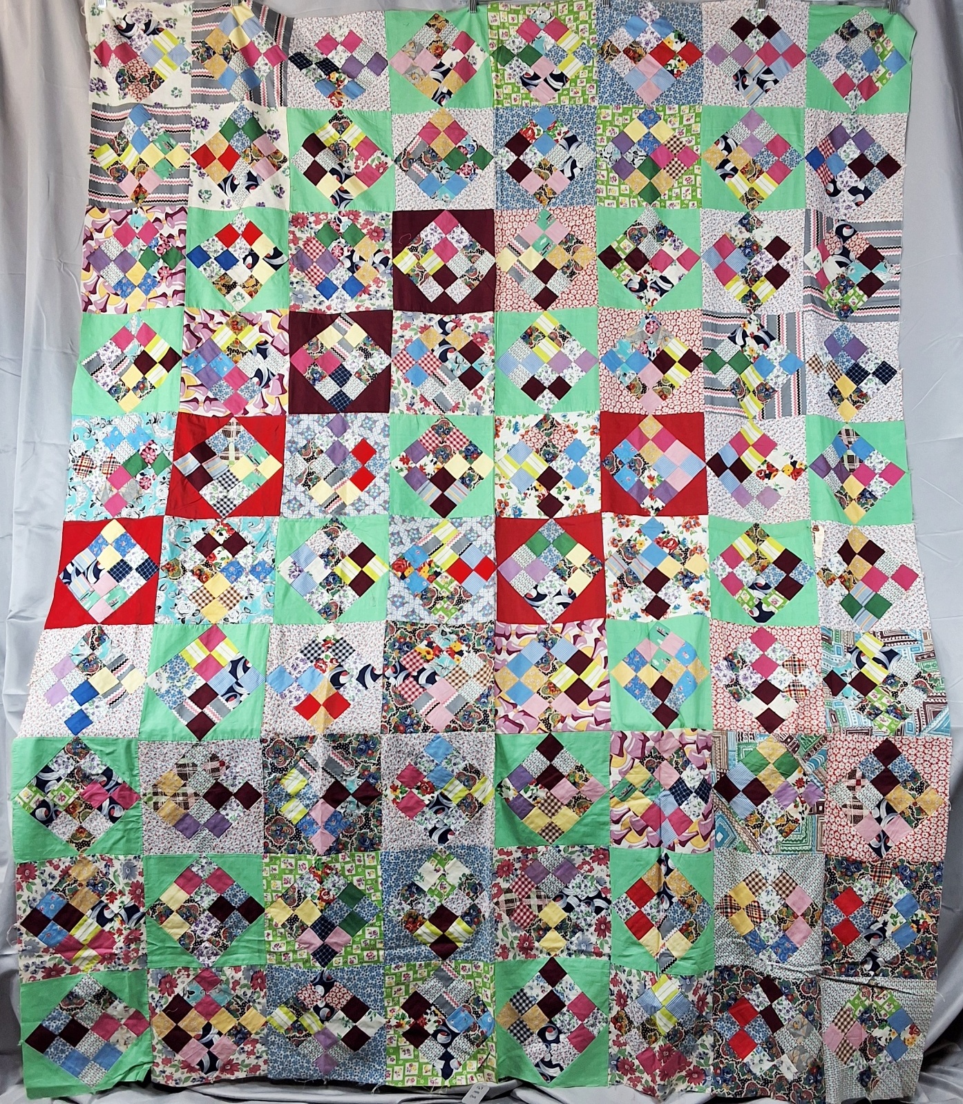 Vintage c1940 On Point 16 Patch Quilt Top