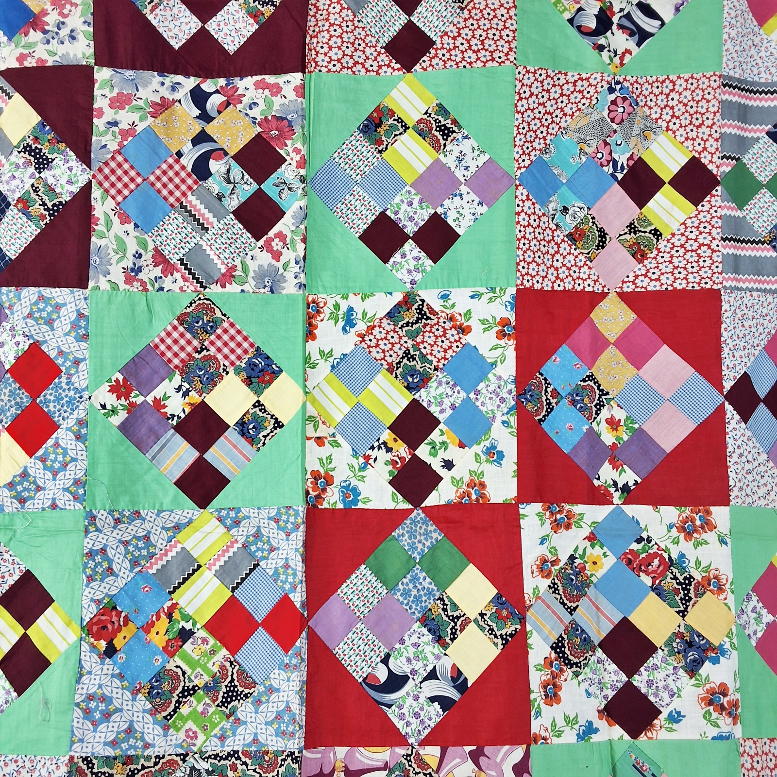 Vintage c1940 On Point 16 Patch Quilt Top