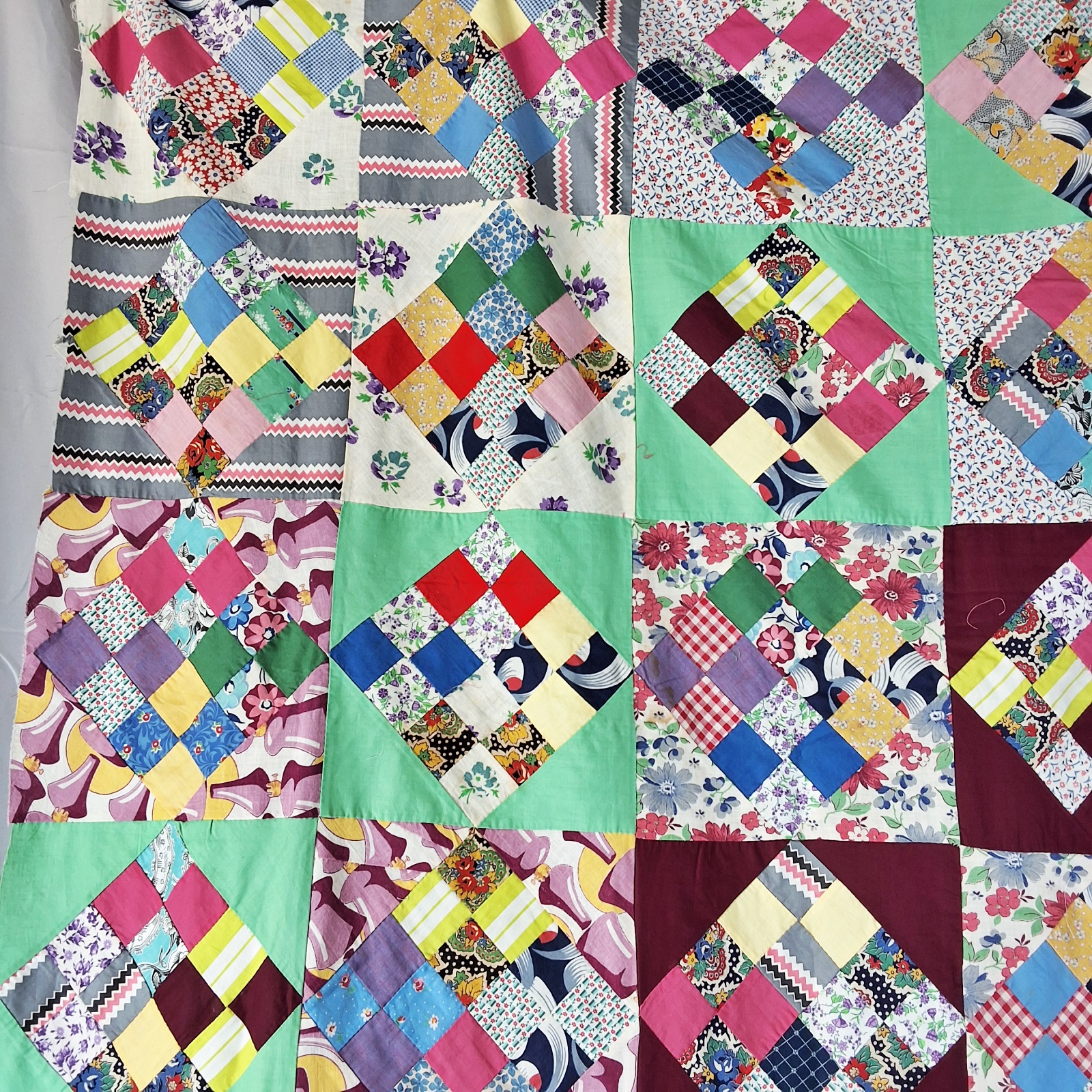Vintage c1940 On Point 16 Patch Quilt Top