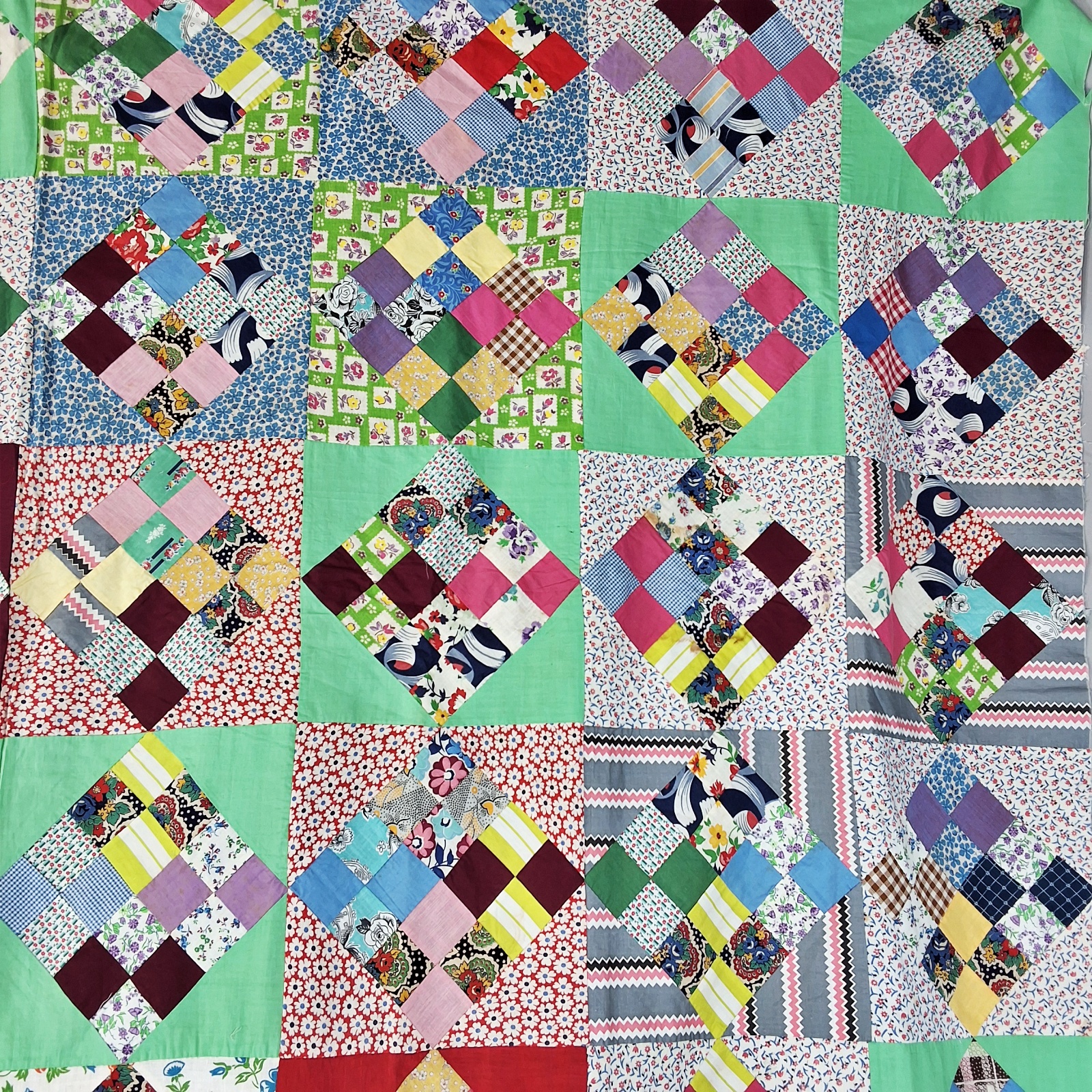 Vintage c1940 On Point 16 Patch Quilt Top