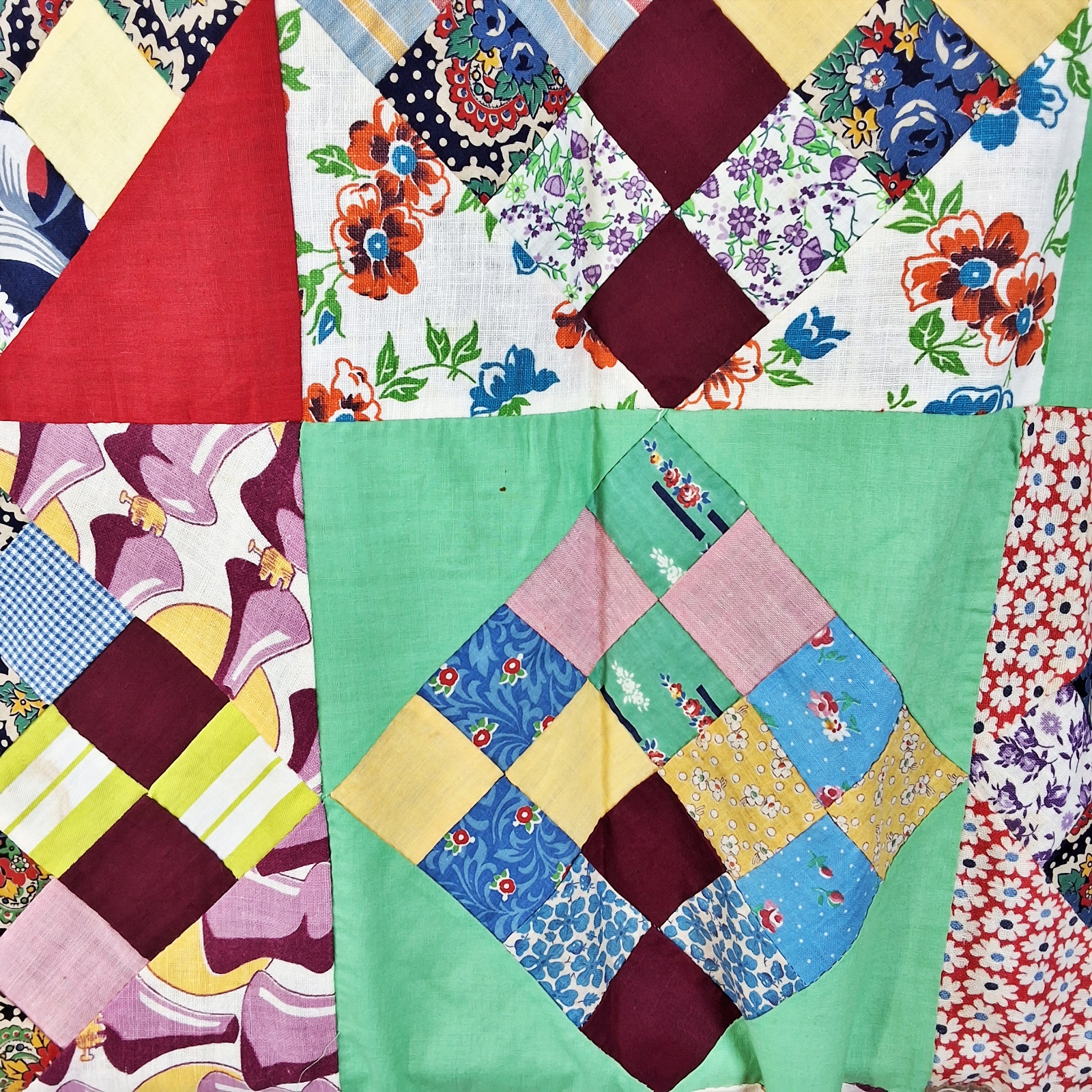 Vintage c1940 On Point 16 Patch Quilt Top