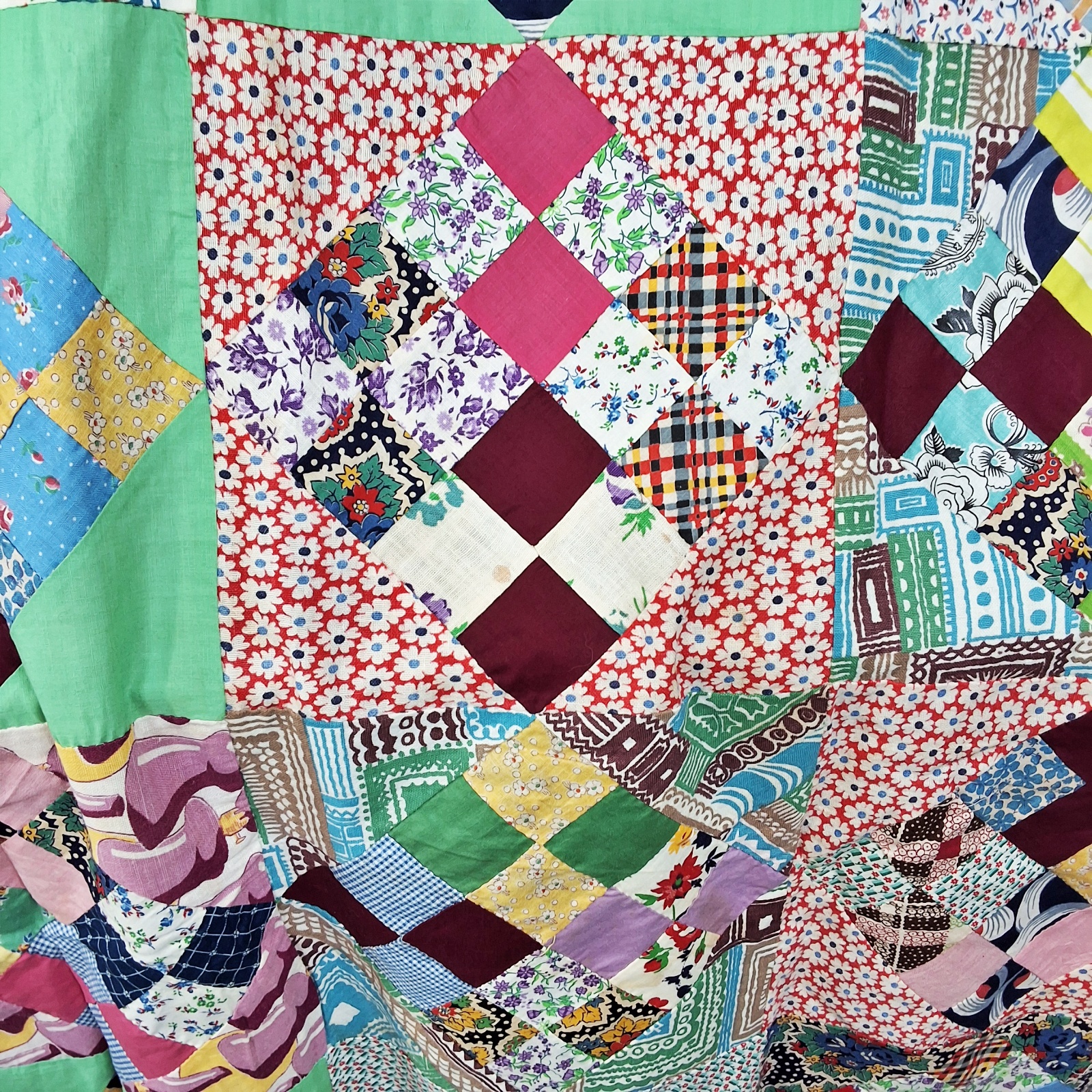 Vintage c1940 On Point 16 Patch Quilt Top