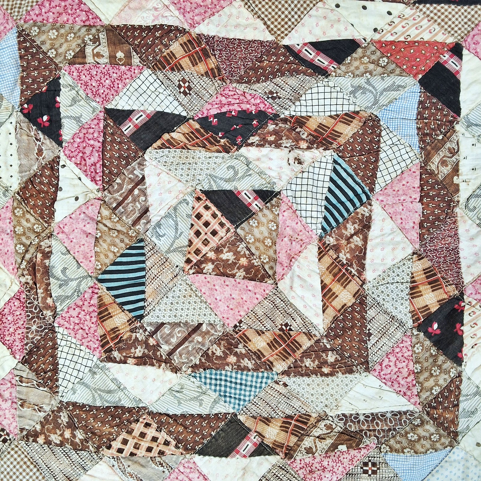 Antique Medallion Doll Quilt - 1880s medallion quilt on point half square triangles/ fabric place 1880