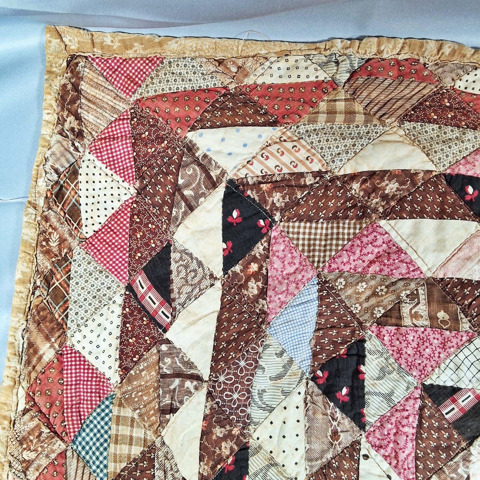 Antique Medallion Doll Quilt - 1880s medallion quilt on point half square triangles/ fabric place 1880