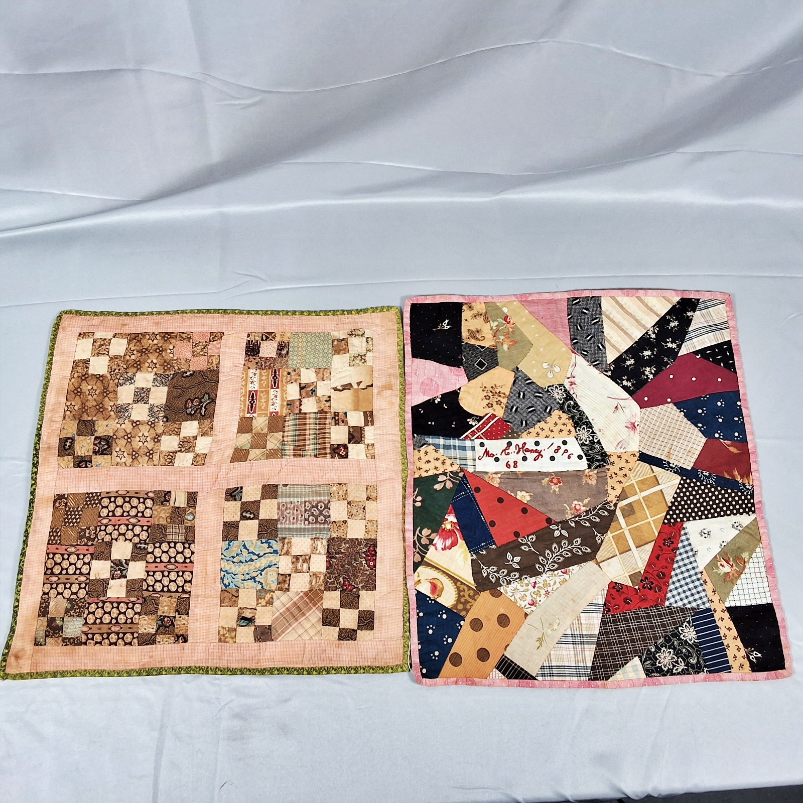 2 Antique Doll Quilts - Double 9 Patch and Crazy Quilt