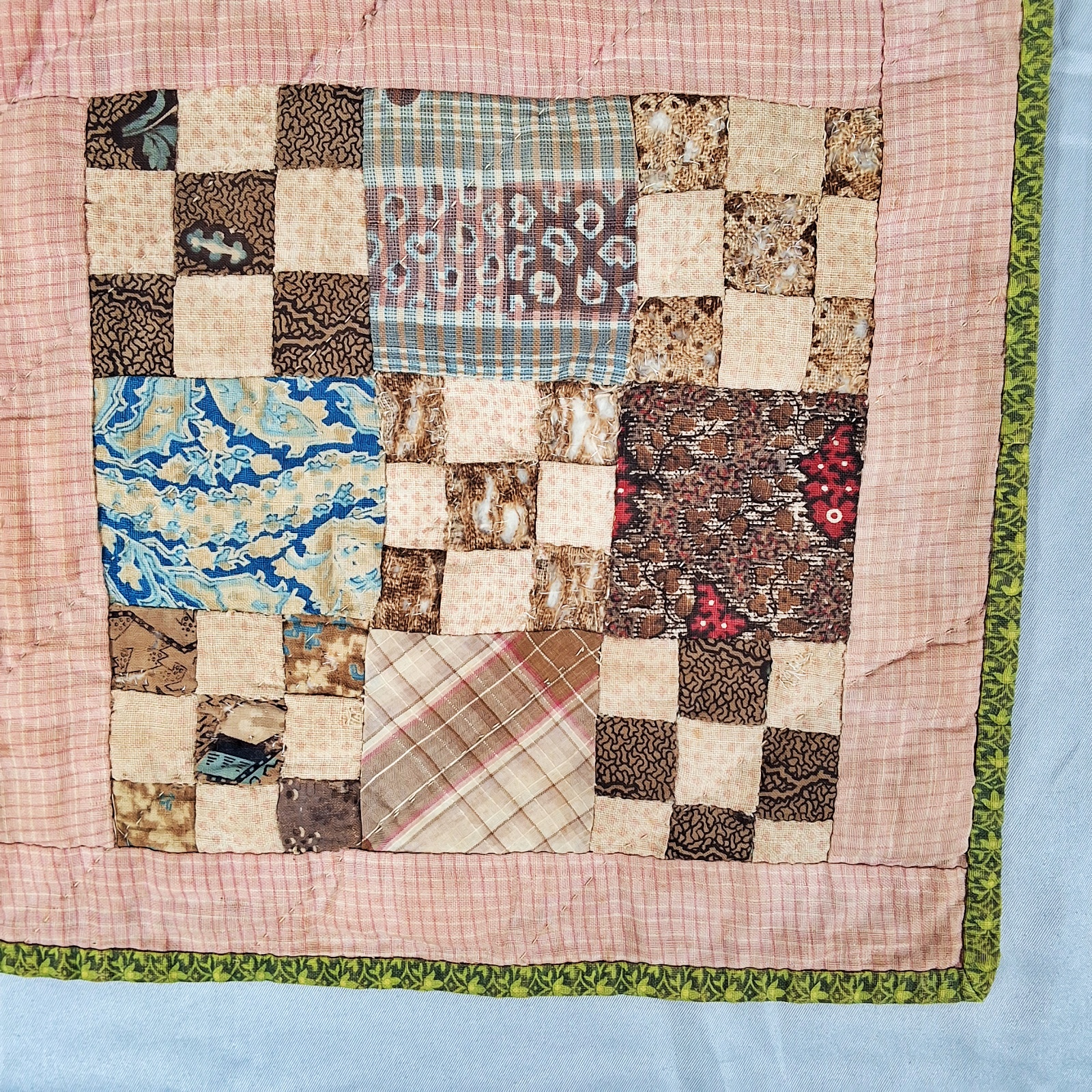 2 Antique Doll Quilts - Double 9 Patch and Crazy Quilt