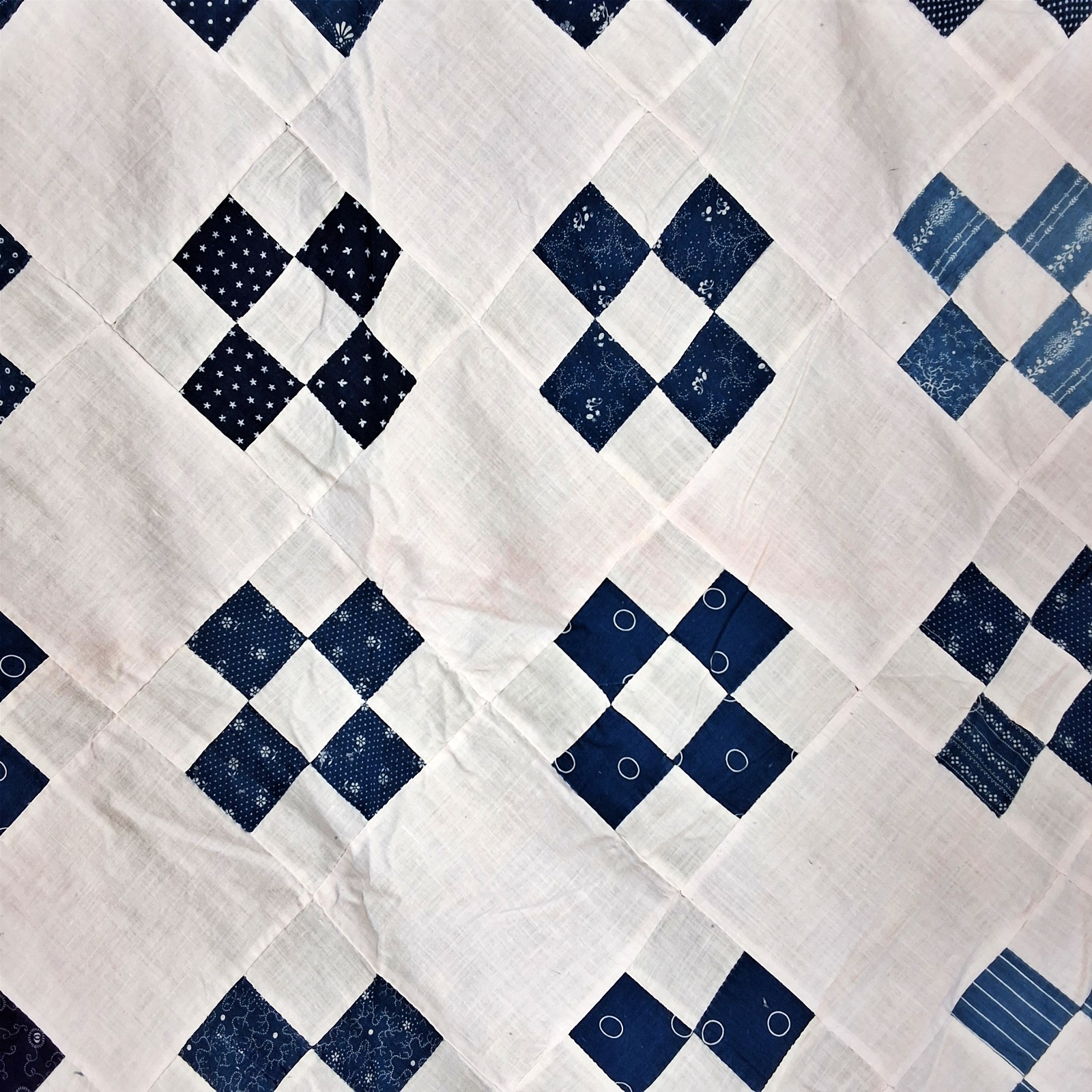 Antique 1910s Indigo 9 Patch Quilt Top