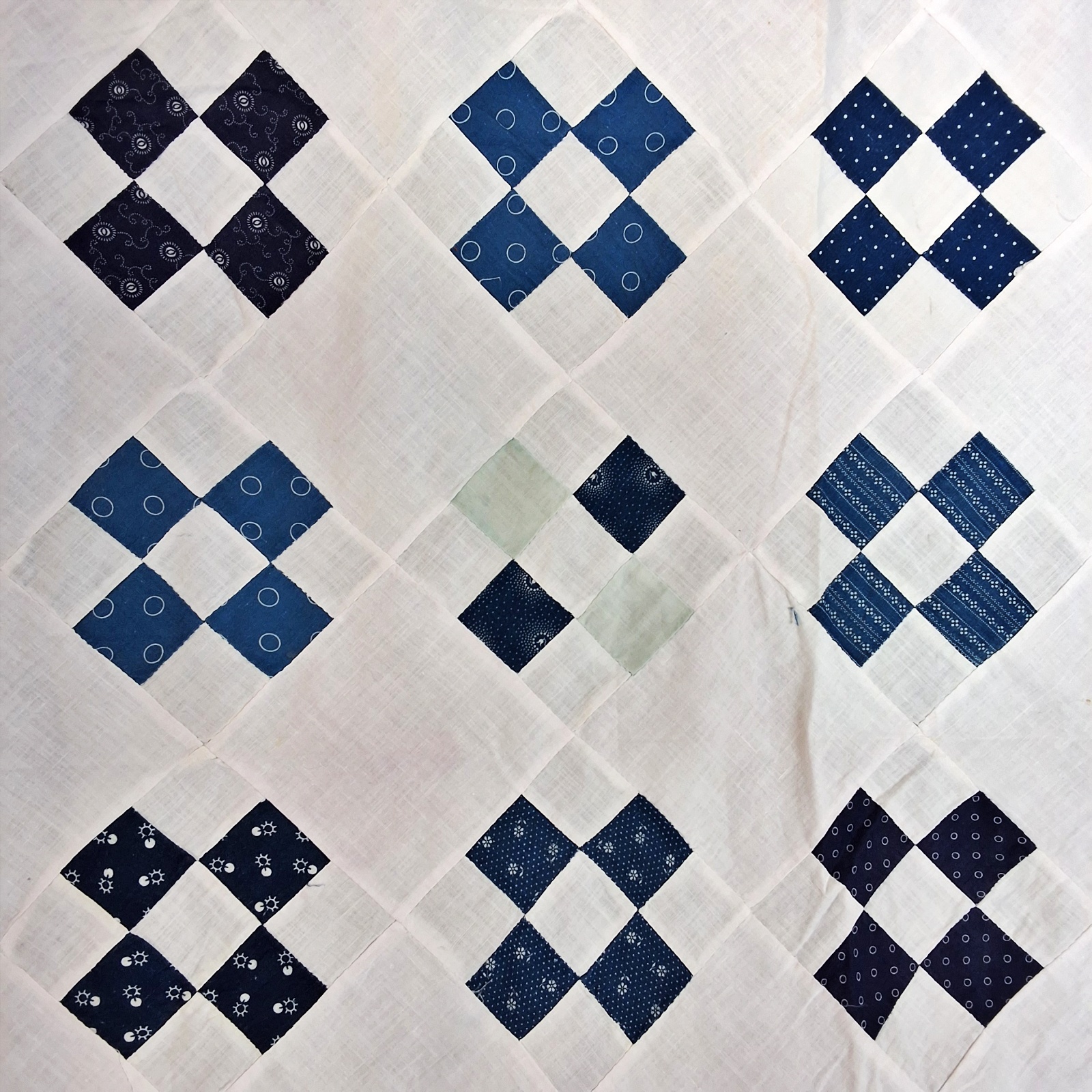 Antique 1910s Indigo 9 Patch Quilt Top