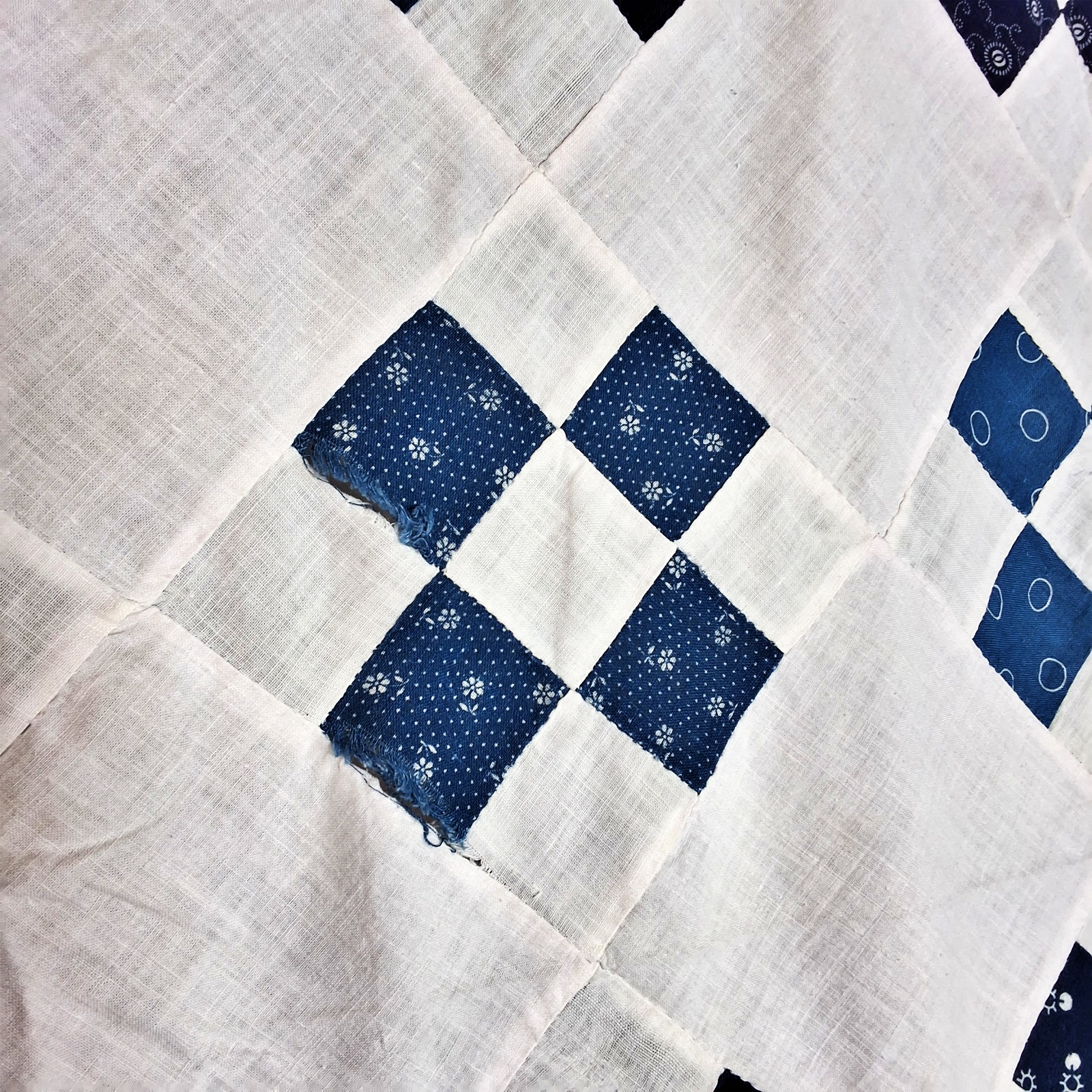 Antique 1910s Indigo 9 Patch Quilt Top