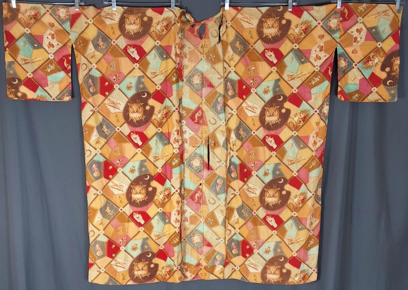 Antique c1880 Kimono with Crazy Quilt Patchwork Print
