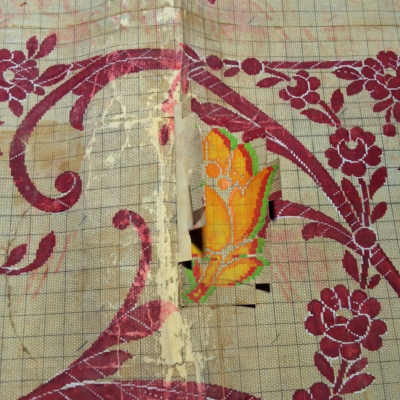 Antique Mise-en-Carte - Red Flowers with Applique