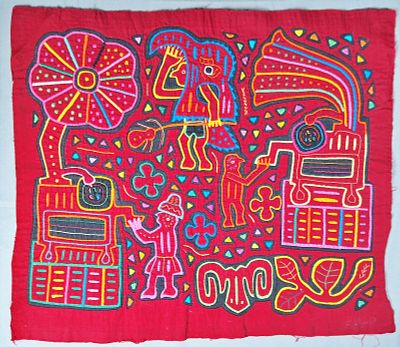 Guna Mola Panel Figures with RCA Gramophones. Panama (Guna Yala), circa 1970s14.5 &times; 16.5 