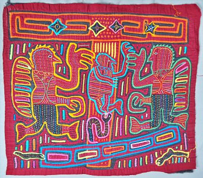 Guna Mola Panel Spirit Figure with Serpent. Panama (Guna Yala), circa 1970s13 &times; 14 inchesDensely 
