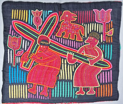 Guna Mola Panel Two Figures Bearing a Cross. Panama (Guna Yala), circa 1960s13 x 15 inches 