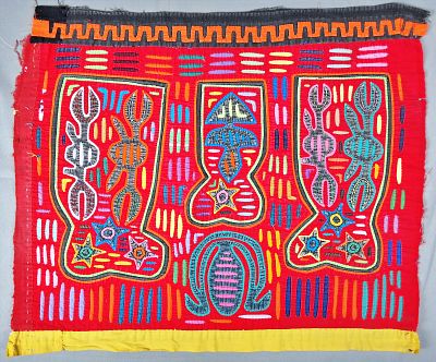 Guna Mola Panel Three Western Boots with Stars and Horseshoe. Panama (Guna Yala), circa 