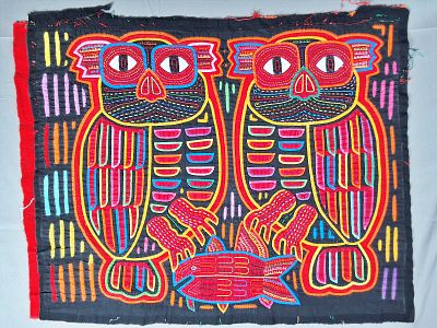 Guna Mola Panel Paired Owls with Fish. Panama (Guna Yala), circa 1970s15 &times; 18.5 inches Worked in 