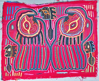 Guna Mola Panel Paired Nightbirds with Central Spirit Figure. Panama (Guna Yala), circa 1970s 