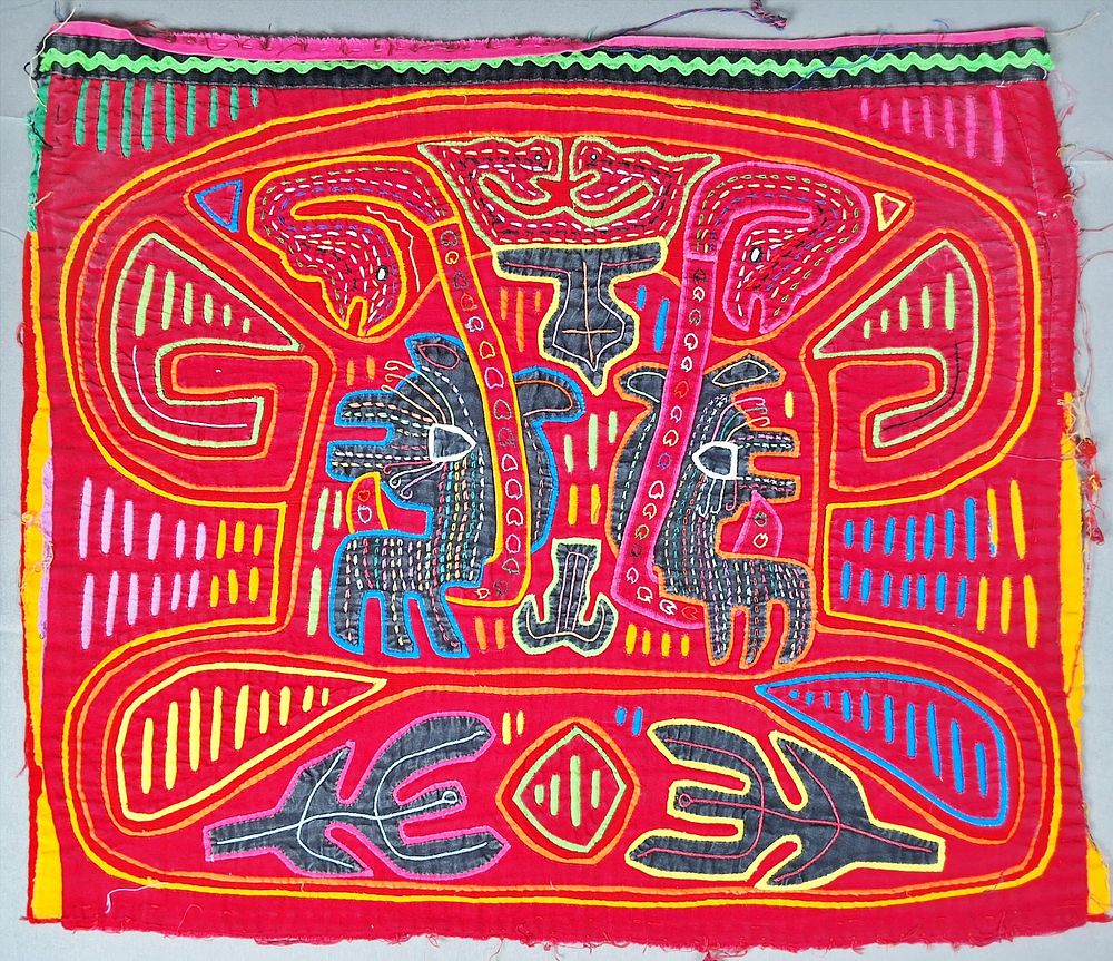 Lot 240: Guna Mola Panel Paired Animals with Serpents