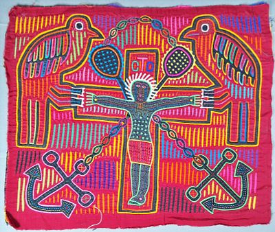 Guna Mola Panel Cruciform Spirit Figure. Panama (Guna Yala), circa 1970s15 &times; 18 inchesReverse 