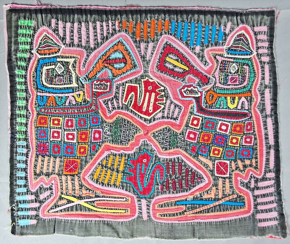 Lot 243: Guna Mola Panel Paired Spirit Figures with Central Animal Form