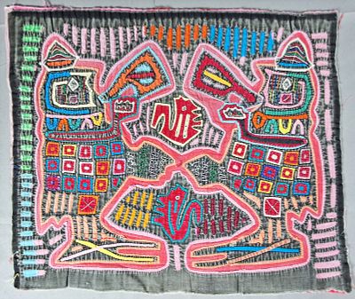 Guna Mola Panel Paired Spirit Figures with Central Animal Form. Panama (Guna Yala), circa 