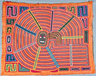 Guna Mola Panel Spirit Face with Radiating Labyrinth. Panama (Guna Yala), circa 1970s13.25 &times; 