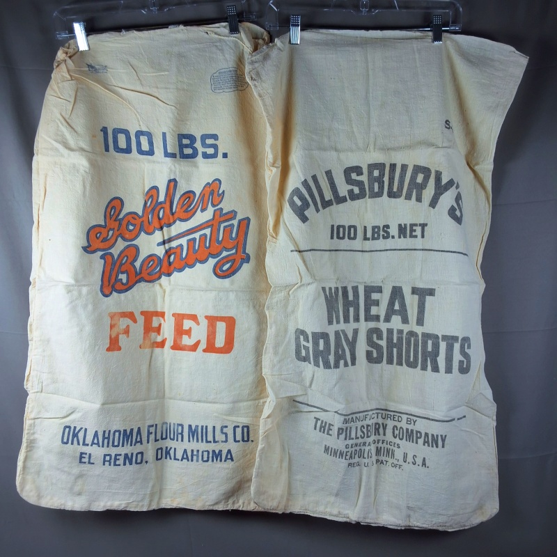 Group of 7 Complete Vintage Advertising Feedsacks & Tablecloth