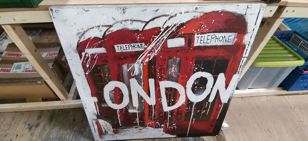 Lot 585: Contemporary Mixed Media Street Art Style Painting Depicting London Telephone Boxes